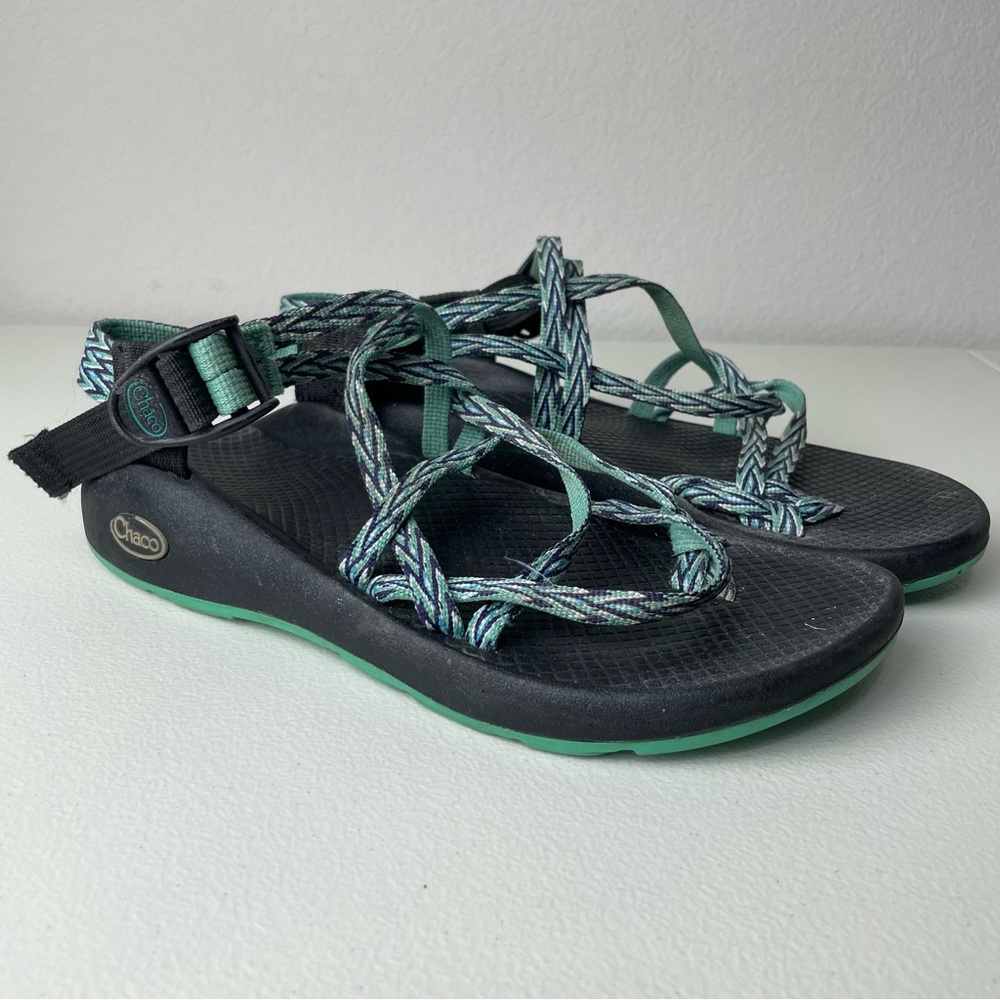 Chaco Blue Black Green Toe Strap Sandals
